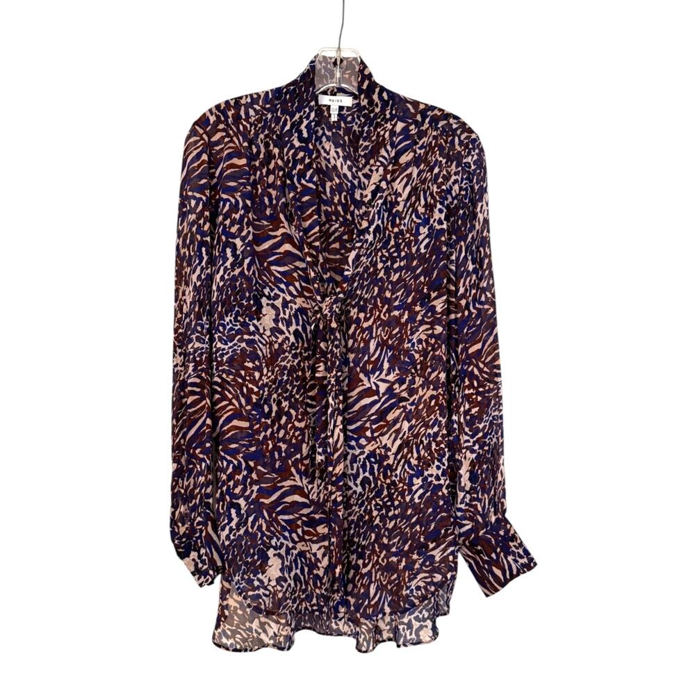Reiss Tora Animal Print w Blue Tie Neck Sheer Blouse Career Top US 6 Semi Sheer